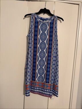 Apt. 9 Blue and White Printed Sleeveless Midi Dress with Orange Trim